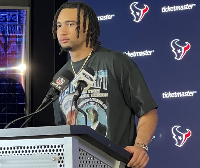 Houston Texans' quarterback C.J. Stroud wearing a shirt that features basketball legend Kobe Bryant.